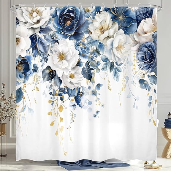 Blue And White Floral Shower Curtain Spring Flower Rose Plant Botanical Eucalyptus Leaf Girls Navy Watercolor Wildflower With 12 Plastic Hooks 54"W x 72"L