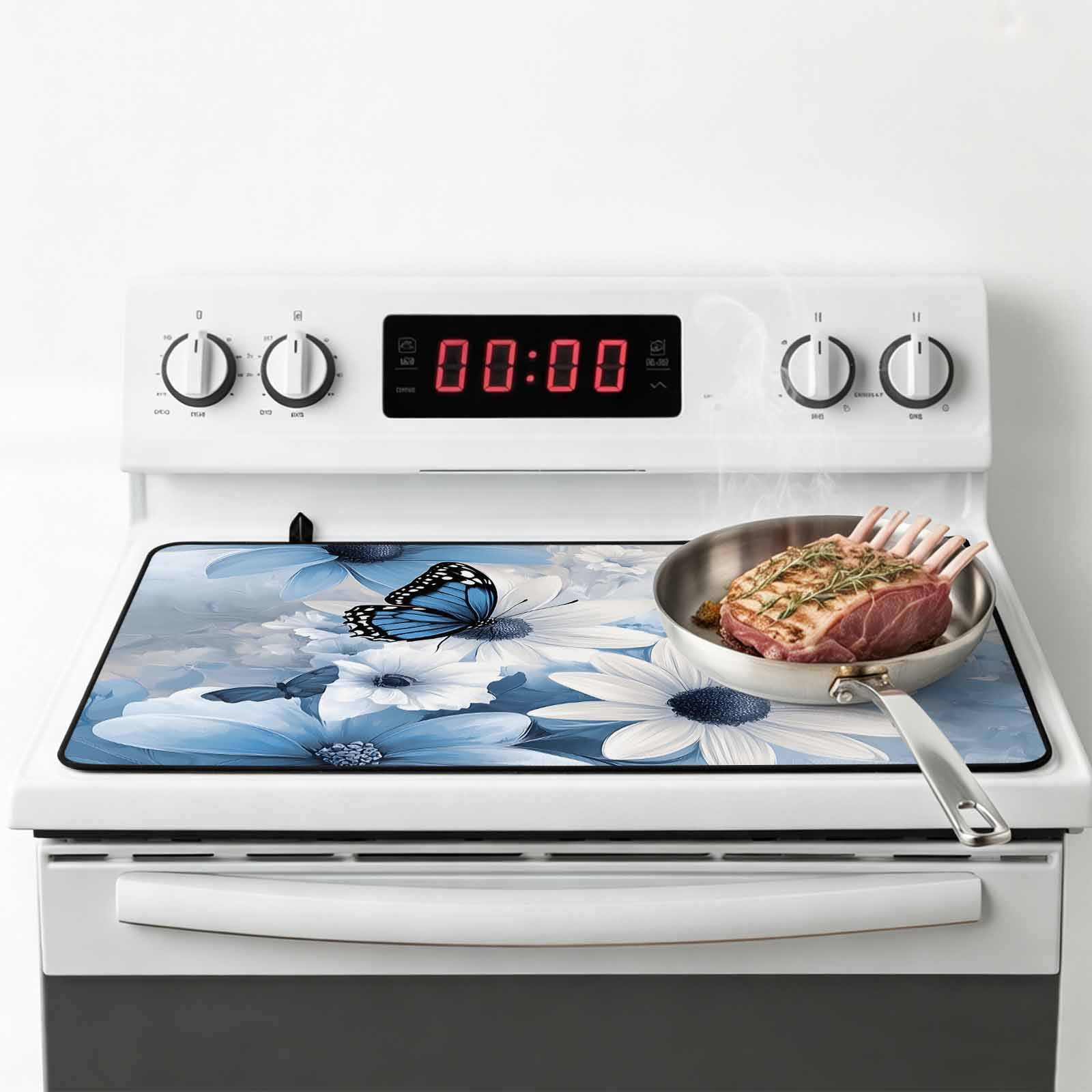 Blue White Floral Stove Top Cover for Electric Stove, Heat-proof & Non Slip Glass Top Stove Cover Protector, Elegant Rustic Butterfly Botanical Kitchen Flat Cooktop Rubber Mat 24x21 Inches