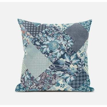 Blue White Floral Zippered Suede Throw Pillow