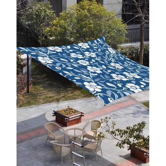 Blue White Floral Sun Shade Sail 8'x10' Rectangle Outdoor Shade Canopy, Farmhouse Retro Botanical Leaves Porch Shades Outdoor Sun Blocking Screen, Sunshade Cloth Covers for Patio/Deck/Garden