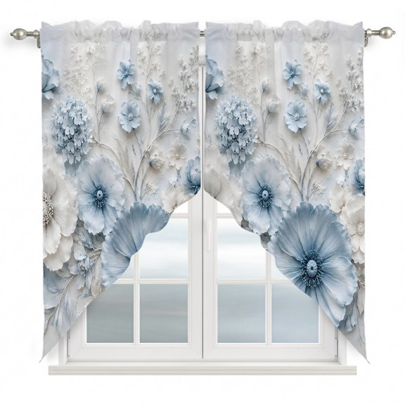 Blue White Floral Swag Valances for Windows 2 Pack, Kitchen Window Curtains 36 Inch Length, Modern Chic Blooming Flowers Leaves Privacy Swag Curtains for Living Room/Bathroom with Rod Pocket 36"x36"