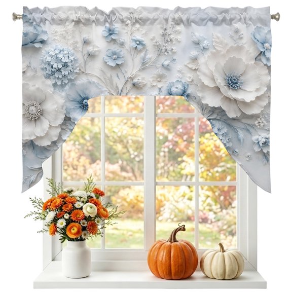Blue White Floral Swag Valances for Windows, Small Curtains Drapes, Modern Chic Blooming Flowers Leaves Kitchen Window Curtains Over Sink Window Treatment Valance for Bedroom/Bathroom 56"x36"