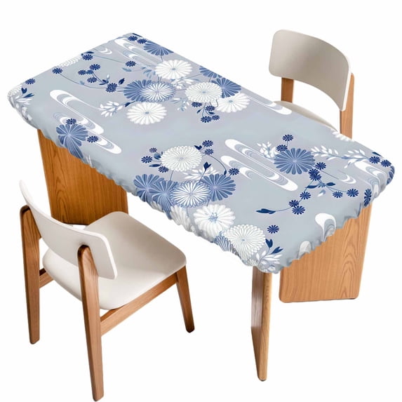 Blue White Floral Table Cloths for 6 Foot Rectangle Tables, Spring Botanical Leaves Farmhouse Patio Waterproof Elastic Fitted Tablecloths, Washable Rectangular Table Cover for Camping