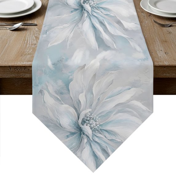 Blue White Floral Table Runner Linen Burlap Table Runner 120 Inches Long Modern Abstract Blooming Flower Artwork Dresser Scarves for Kitchen Island Coffee Dining Room Party Holiday Decor 13"x120"