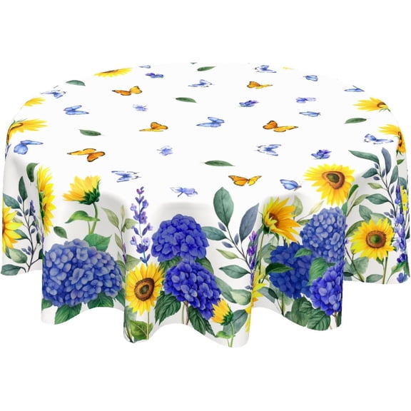 Blue and White Floral Tablecloth Round 60 Inch Spring Summer Yellow Sunflower Table Cloth Farmhouse Navy Blue Flower Table Cover for Kitchen Dinner Room Holiday Party Indoor Outdoor Home Decor