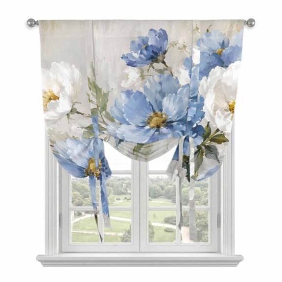 Blue White Floral Tie Up Curtains for Window, Thermal Insulated Balloon Shade Adjustable Rod Pocket Curtains Valance Panels for Kitchen Bathroom Cafe 52 x 63 Modern Abstract Rustic Flowers Leaf