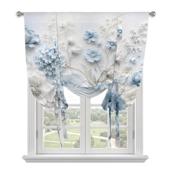 Blue White Floral Tie Up Curtains for Window, Thermal Insulated Balloon Shade Adjustable Rod Pocket Curtains Valance Panels for Kitchen Bathroom Cafe 52 x 63 Modern Chic Blooming Flowers Leaves