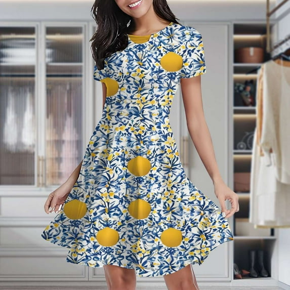 Blue White Floral Tiles Pattern Women's Classic Swing Skater Dress Casual Work Party Cocktail Dresses