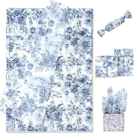 Blue White Floral Tissue Paper Bulk, 120 Sheets Vintage Chinoiserie Design, Gift Wrapping for Bridal Shower Tea Party Home Decor, 14 x 20 Inch