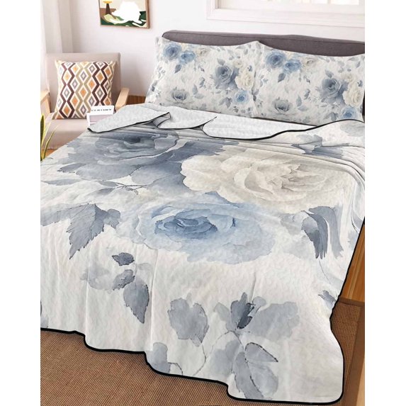 Blue White Floral Twin Size Down Alternative Comforter, Lightweight Comforter Quilt Bedding Set with Pillow Shams Botanical Garden Flowers Leaves All Seasons Bed Comforter Duvet Insert 68"x86"