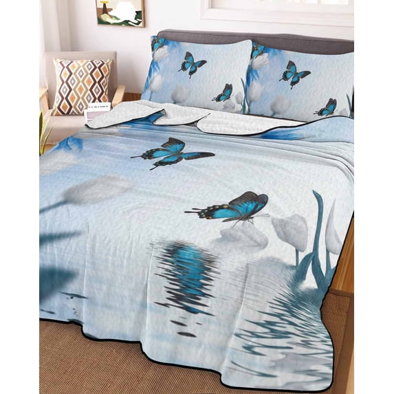 Blue White Floral Twin XL Size Down Alternative Comforter, Lightweight Comforter Quilt Bedding Set with Pillow Shams Ombre Tulips Modern Art Spring All Seasons Bed Comforter Duvet Insert 68"x98"