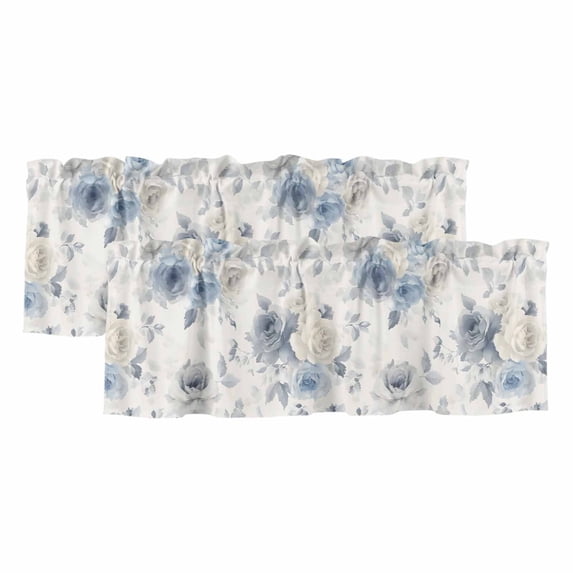 Blue White Floral Valances for Windows, Decorative Rod Pocket Window Valance Curtains, Botanical Garden Flowers Leaves Short Curtain Drapes for Kitchen/Bathroom/Living Room, 2 Panels, 42" W x 18" L
