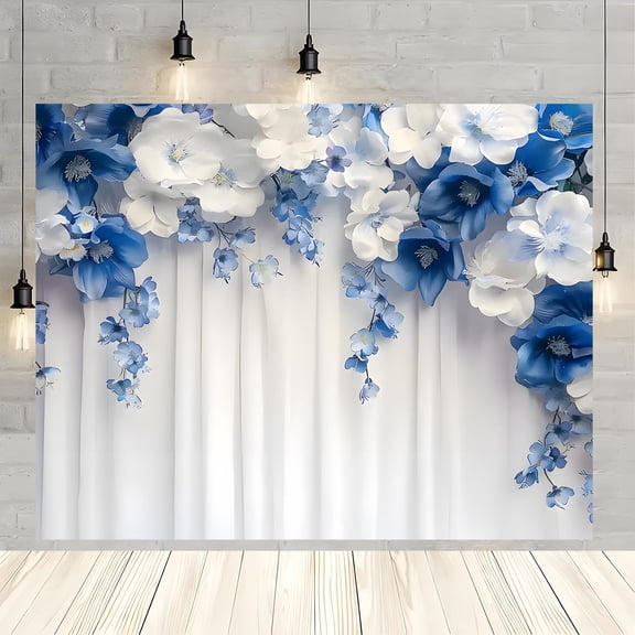 Blue White Floral Wedding Backdrop White Curtain Bridal Shower Photography Background Blue White Flower Engagement Anniversary Party Decorations Banner Supplies Photo Booth Props