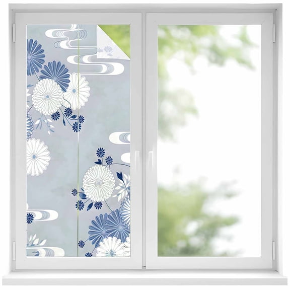 Blue White Floral Window Privacy Film, Spring Botanical Leaves Farmhouse Static Cling UV Sun Blocking Heat Control Window Tint Day and Night, Non-Adhesive One Way Windows Privacy Cover 17.7''x39.3''