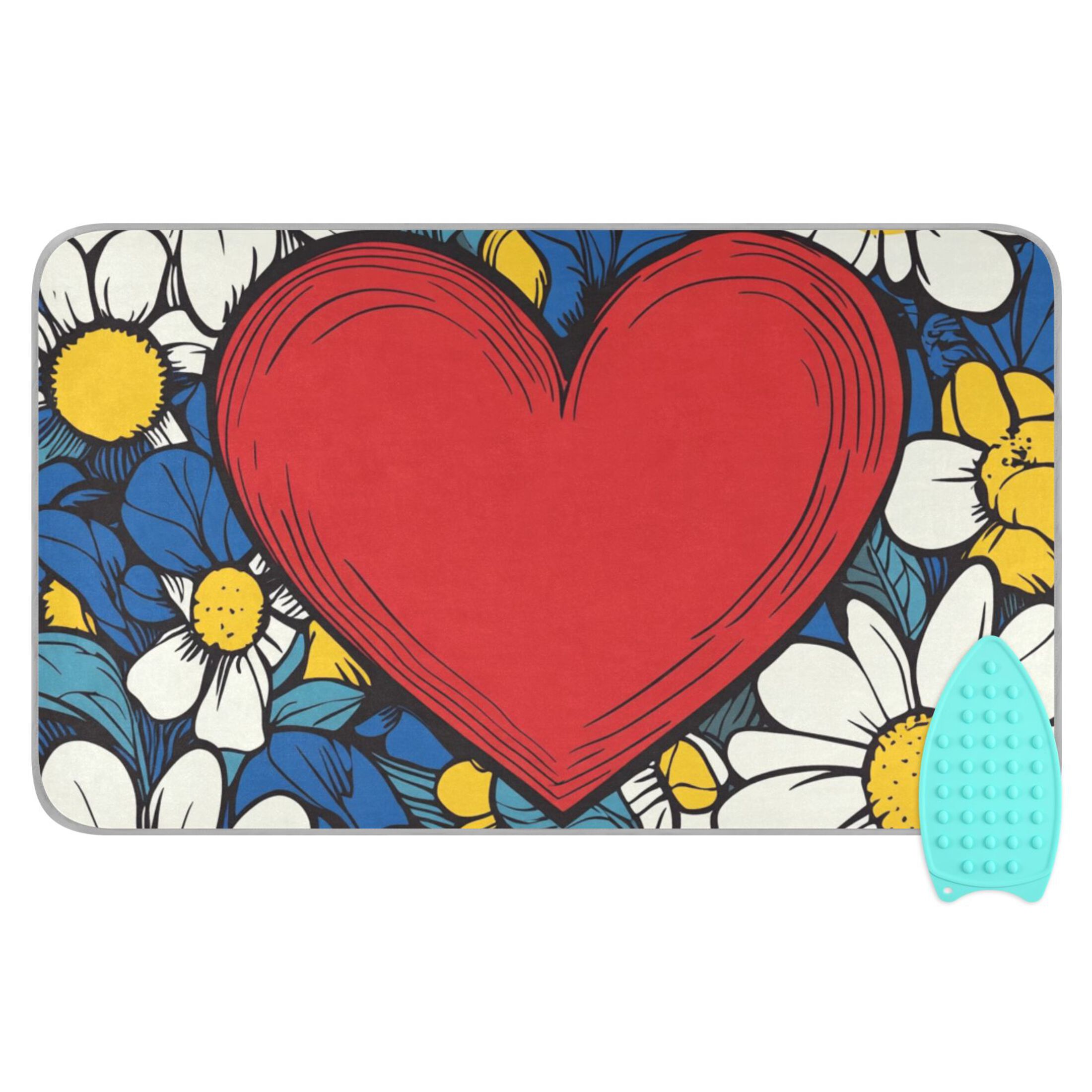 Blue White Florals Hearts Ironing Mat Blanket Portable Travel Ironing Pad Heat Resistant Pad 47.2" x 27.6”