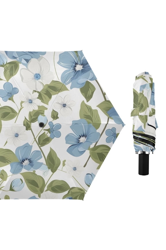 Blue White Florals Leaves All Weather Umbrella Triple Folding Parasol 6 Ribs UV Protection Portable