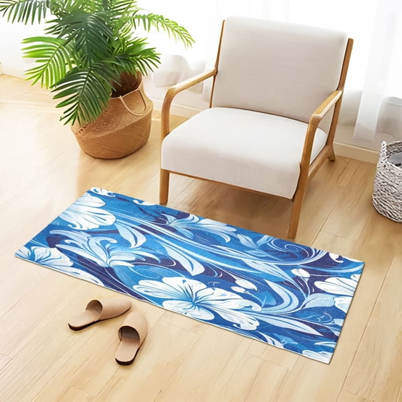 Blue White Florals Plush Carpet Non Slip Runner Rug Absorbent Bath Mat 39" x 20"