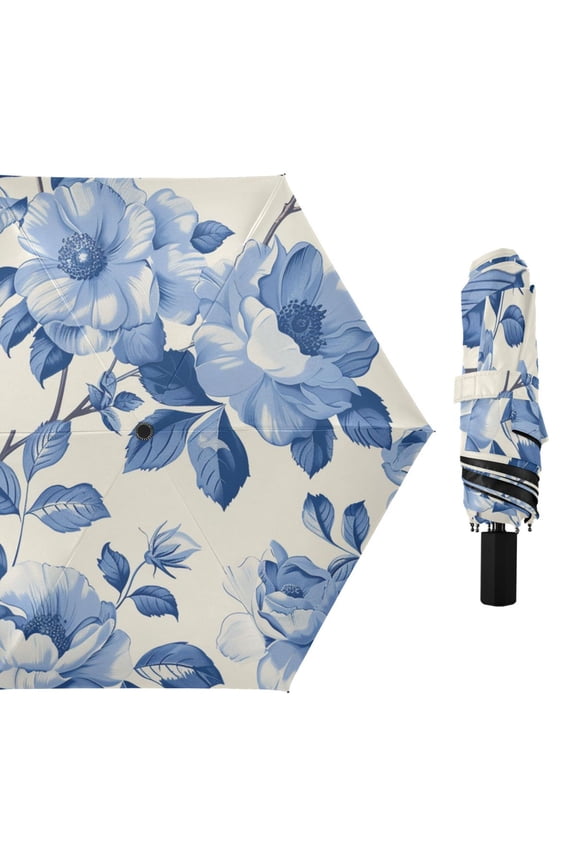 Blue White Florals and Leaves All Weather Umbrella Triple Folding Parasol 6 Ribs UV Protection Portable