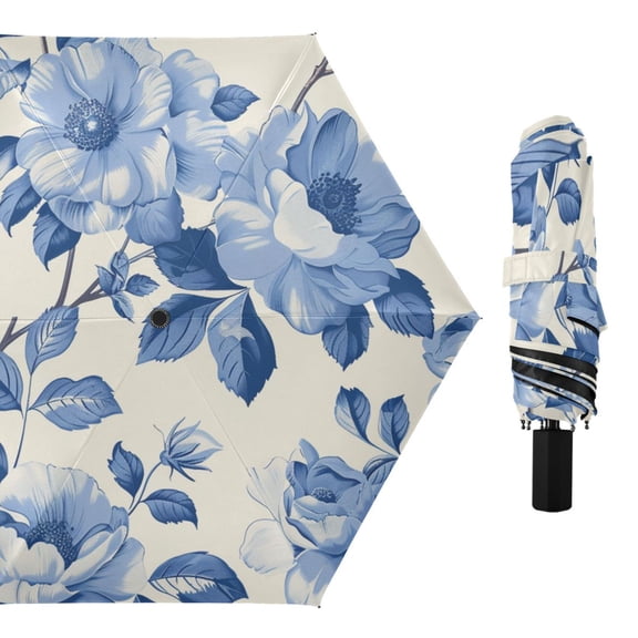 Blue White Florals and Leaves All Weather Umbrella Triple Folding Parasol 6 Ribs UV Protection Portable