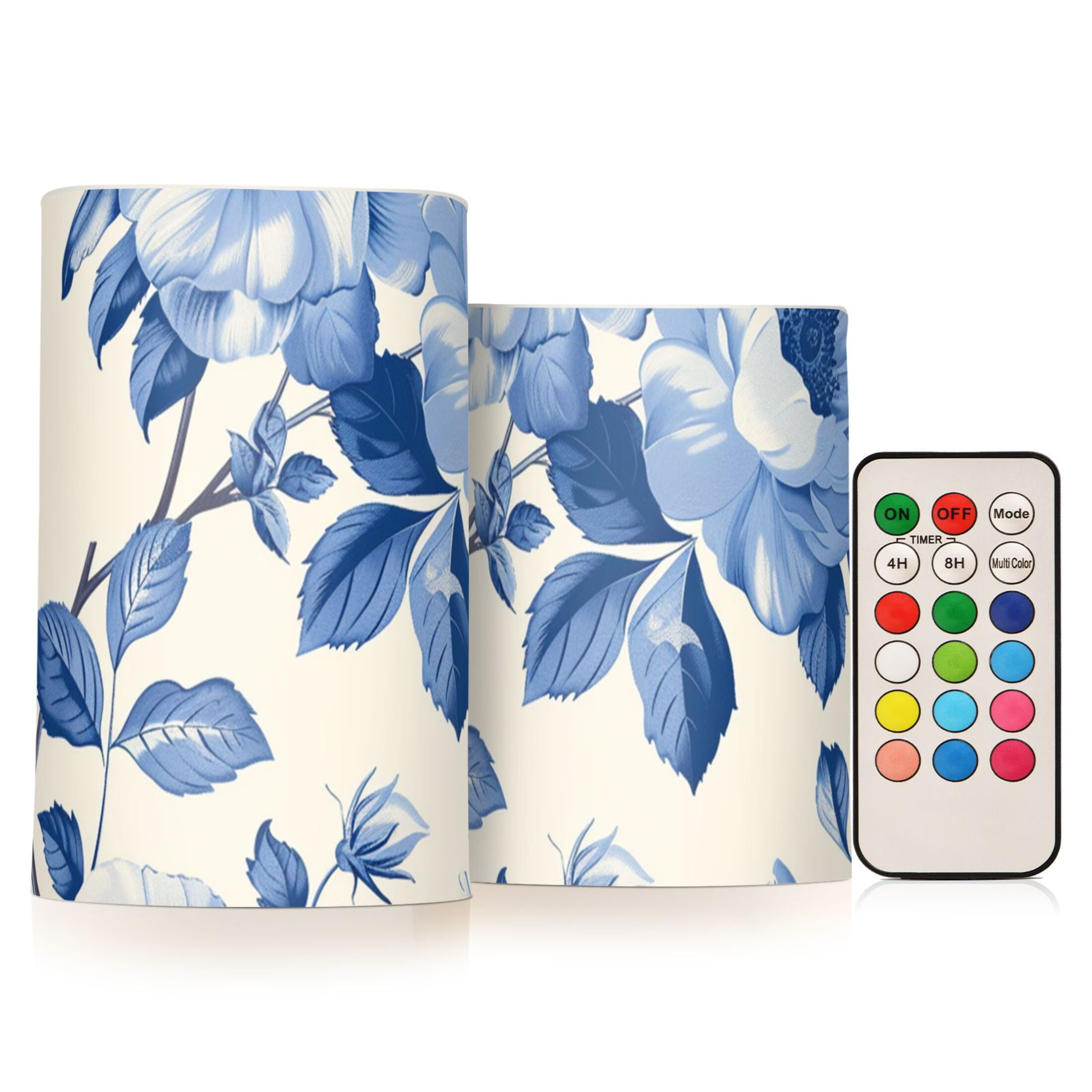 Blue White Florals and Leaves Flickering Flameless Candles LED Tealight Battery Operated with Remote Set of 2 Holiday Decor Ornaments