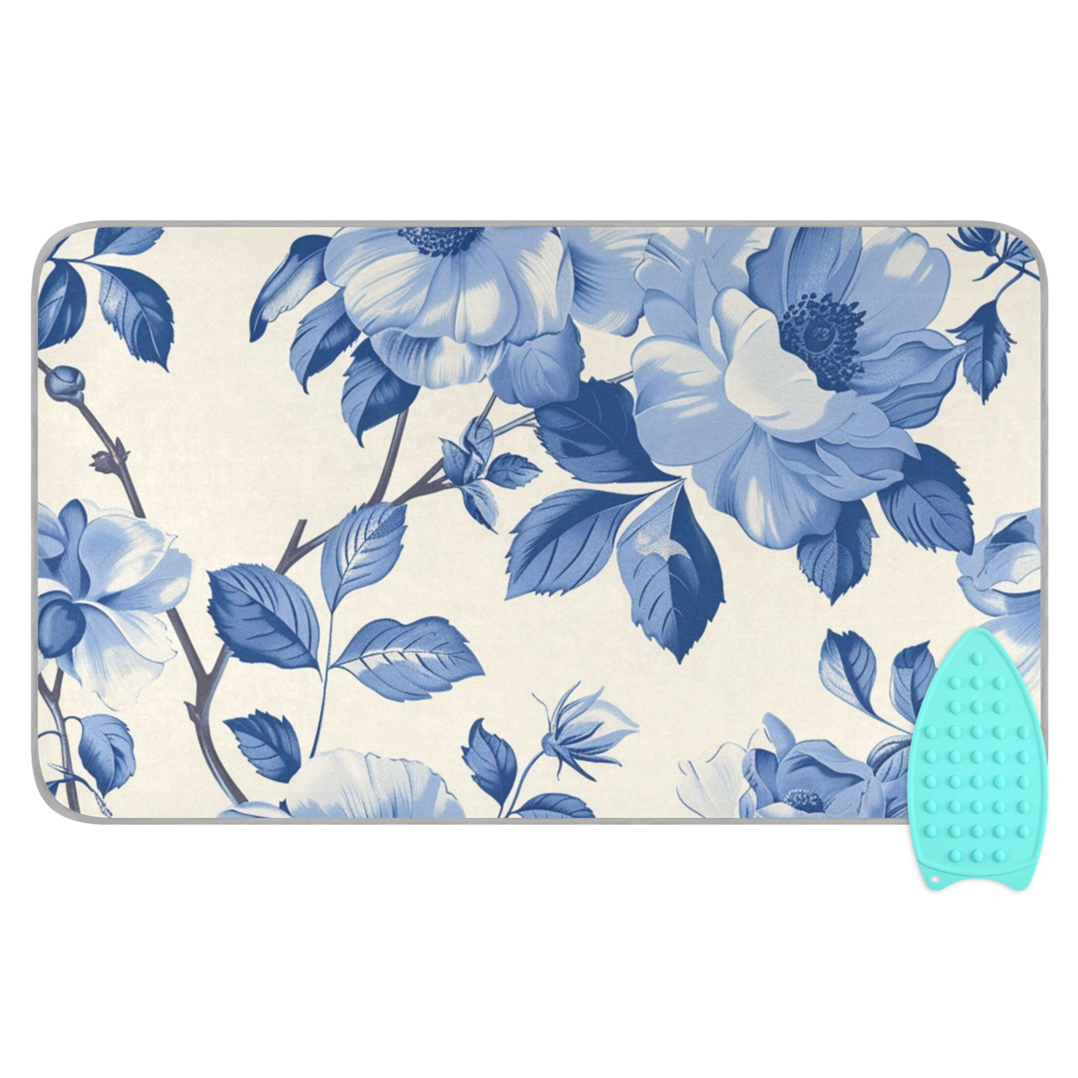 Blue White Florals and Leaves Ironing Mat Blanket Portable Travel Ironing Pad Heat Resistant Pad 47.2" x 27.6”