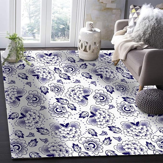 Blue White Flower Area Rug, Floral Pattern White Backdrop Decorative ...