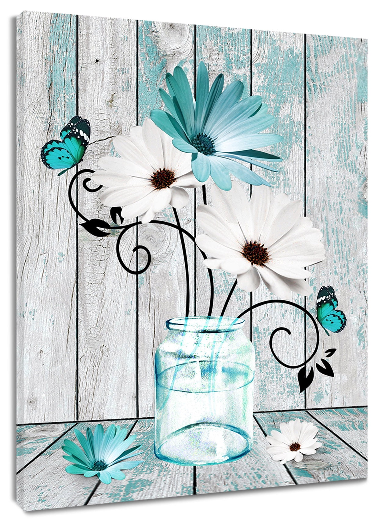 Blue and White Flower Canvas Wall Art for Bathroom Decor Teal Daisy ...