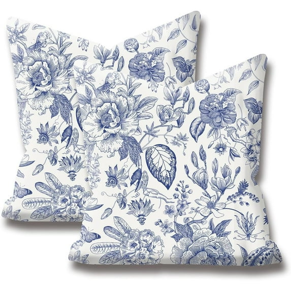 Blue and White Flower Pillow Covers 18x18 Set of 2,Blue and White Pillow Covers Outdoor Decorative Linen Pillow Covers for Couch Bed Sofa Cushion Farmhouse Pillowcases
