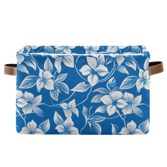 Blue White Flower Storage Bins with Handle Fabric Organizer Basket Foldable Box 1 Pack 14.2x10.2x8.3