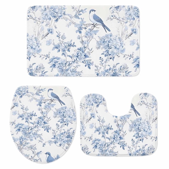 Blue White Flowers Bath Mat 3 Piece Bathroom Rug Set, Spring Summer Floral Botanical Non Slip Bath Rug Contour Mat and Toilet Lid Cover, Absorbent Shower Mats Soft Bath Rugs and Mats Sets