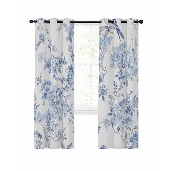 Blue White Flowers Blackout Curtains, Light Blocking Print Window ...