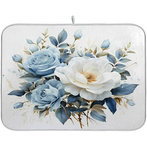 Blue White Flowers Dish Drying Mat for Kitchen Counter Absorbent Microfiber Small Drying Pad Dish mats for Kitchen Countertops 16 x 18 Inch