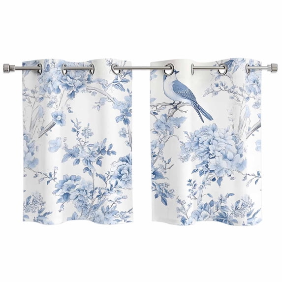 Blue White Flowers Kitchen Curtains Small Short 39 Inch Length, Spring Summer Floral Botanical Grommet Top Bedroom Living Room Curtains, Light Filtering Cafe Curtain Drapes 2 Panels Set 55''x39''