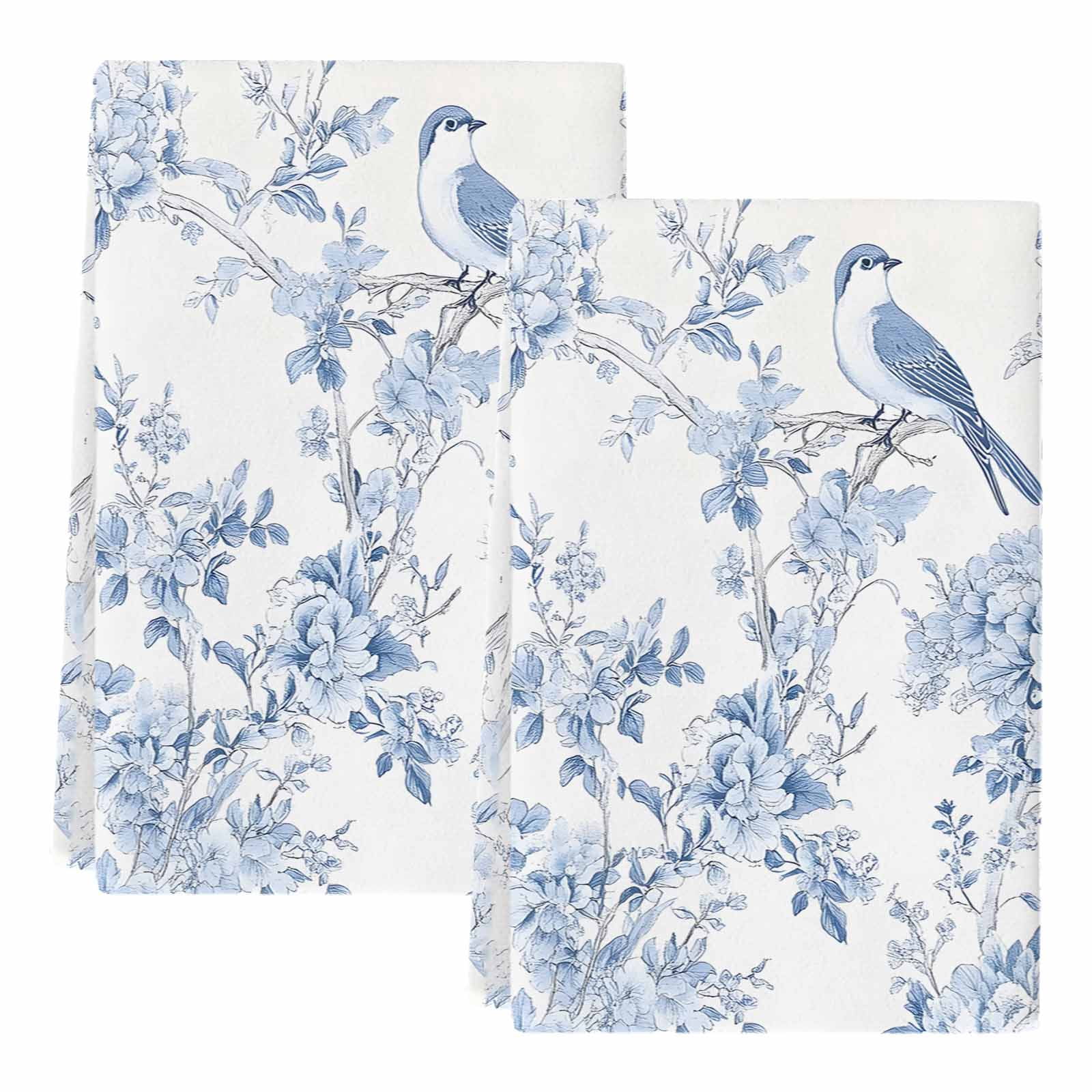 Blue White Flowers Kitchen Towels Set of 2, Spring Summer Floral Botanical Soft Microfiber Dish Towels, Absorbent Quick-Dry Washable Dishcloths for Kitchen Cleaning, Drying Dishes, 18x28 Inches