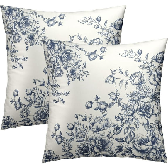 Blue White Flowers Pillow Covers 20x20 Inch, Set of 2 Vintage Floral Chinoiserie Style Decorative Throw Pillowcases Square Cushion Cover for Couch Sofa Bed Farmhouse Home Decor