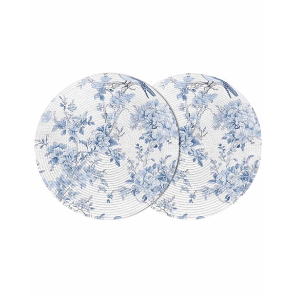 Blue White Flowers Round 13 Inch Placemats Set of 2, Spring Summer Floral Botanical HeatResistant Non Slip Place Mats for Dining Table, Wipeable Braided Kitchen Table Mats for Housewarming