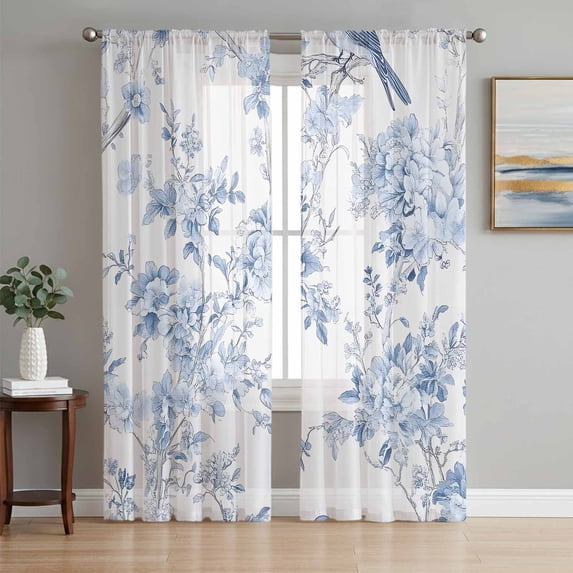 Blue White Flowers Semi Sheer Curtains 84 Inch Length 2 Panels Set, Spring Summer Floral Botanical Sheer Kitchen Curtain Privacy Voile Window Curtain for Living Room Bedroom Rod Pocket Drapes
