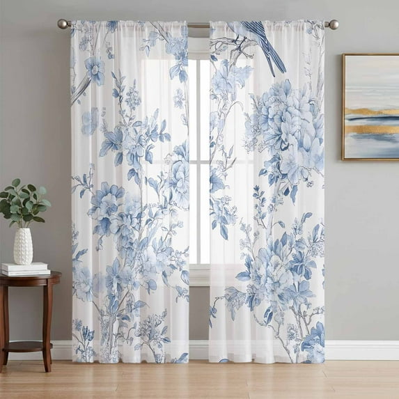 Blue White Flowers Semi Sheer Curtains 96 Inch Length 2 Panels Set, Spring Summer Floral Botanical Sheer Kitchen Curtain Privacy Voile Window Curtain for Living Room Bedroom Rod Pocket Drapes