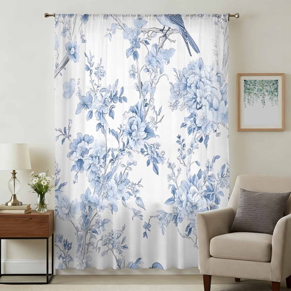 Blue White Flowers Sheer Curtains 45 Inches Long, Spring Summer Floral Botanical Light Filering Curtains, Breathable Simi Curtain Privacy Drapes for Kitchen Bathroom Small Window Treatment