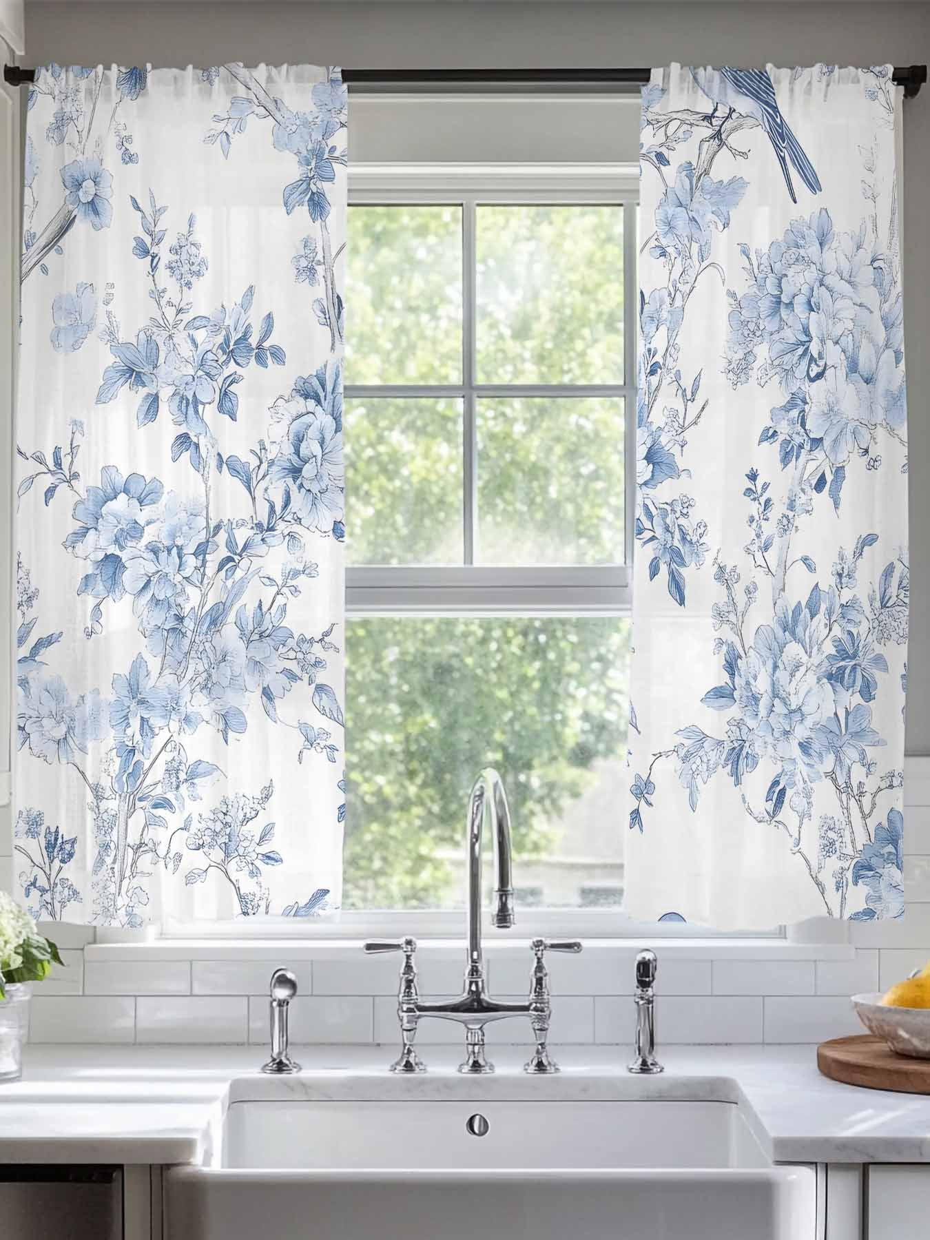 Blue White Flowers Sheer Curtains for Living Room Bedroom Spring Summer