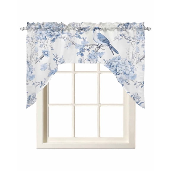 Blue White Flowers Swag Curtains for Kitchen Spring Summer Floral Botanical Valances for Windows Rod Pocket Small Window Treatment Short Topper for Cafe Bedroom Bathroom Living Room Decor 56x36 Inch