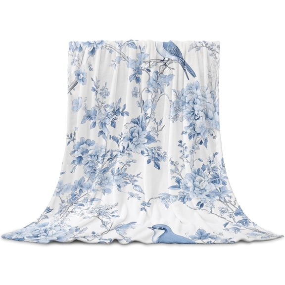 Blue White Flowers Throw Blanket for Couch, Soft Lightweight Flannel Fleece Blanket, Spring Summer Floral Botanical Microfiber Plush All Season Decorative Blankets Gifts for Sofa Office Lap 30"x40"