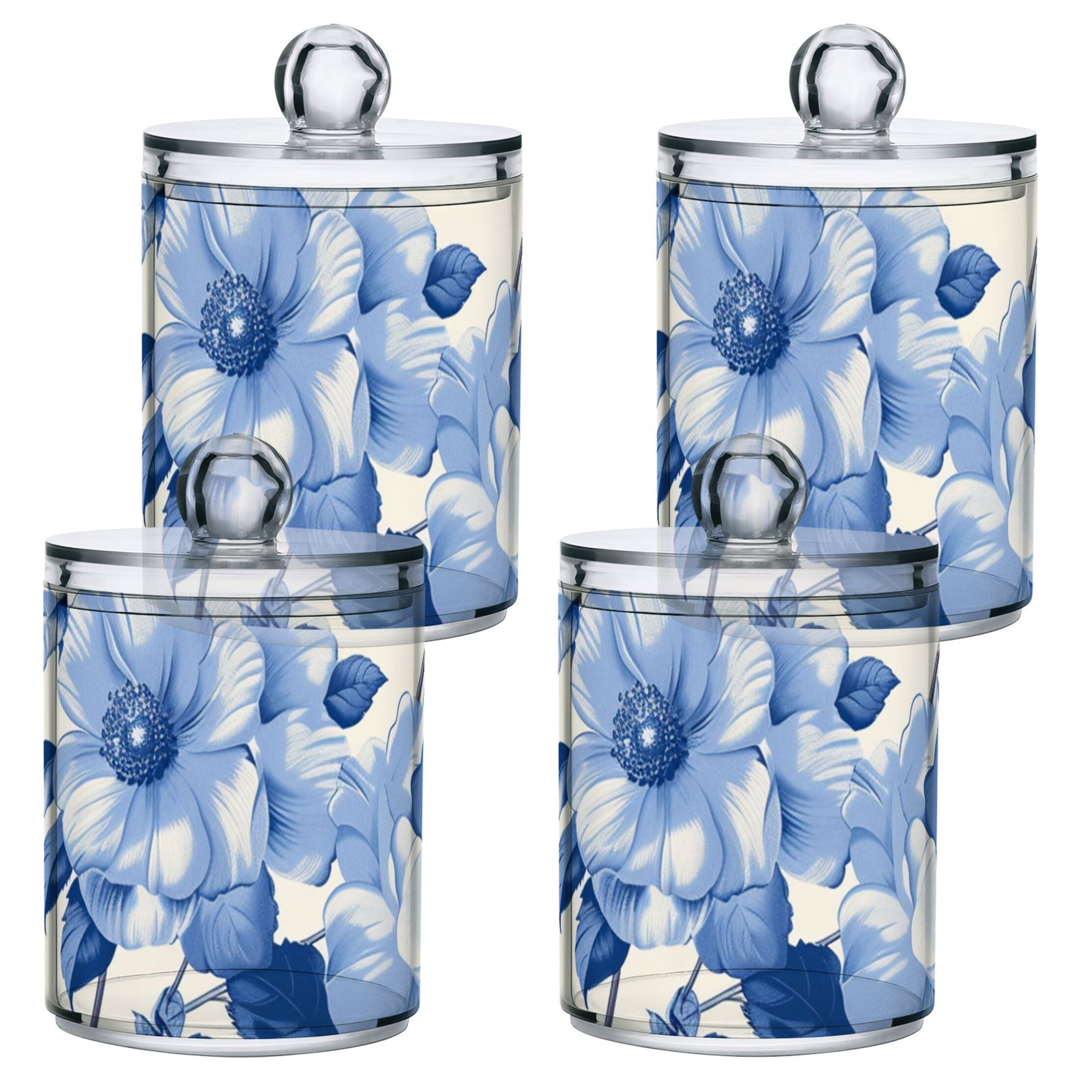 Blue White Flowers and Leaves Translucent Plastic Cans Storage ...