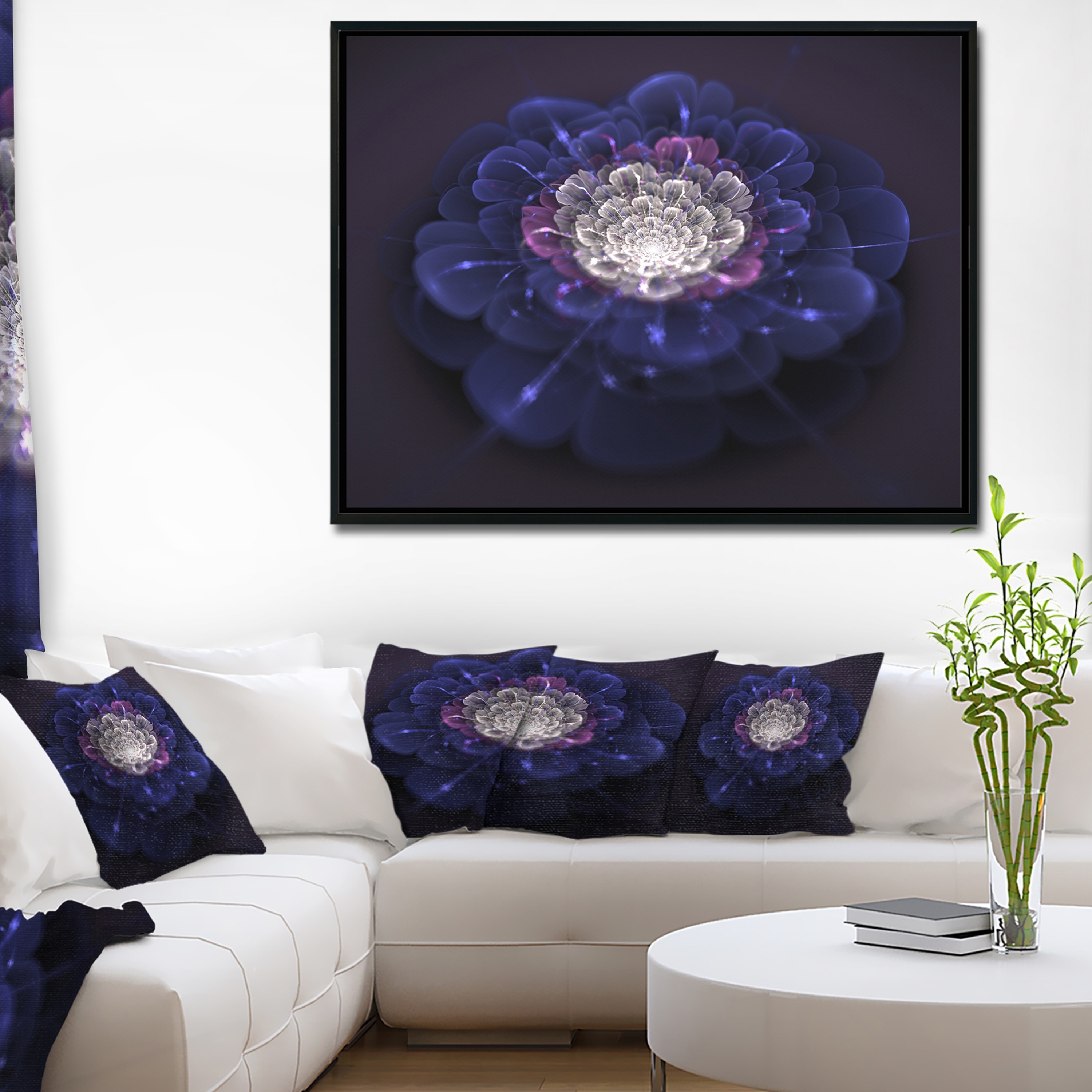 Blue White Fractal Flowers' Floral Art Framed Canvas Print