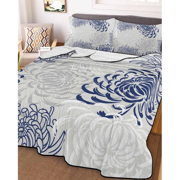 Blue White Full Size Down Alternative Comforter, Lightweight Comforter Quilt Bedding Set with Pillow Shams Abstract Grey Chrysanthemum Flower Floral All Seasons Bed Comforter Duvet Insert 78"x90"