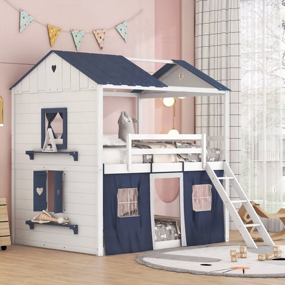 Blue+White Full Size Bunk Wood House Bed - Adds Highlights to Bedroom with Unique Design