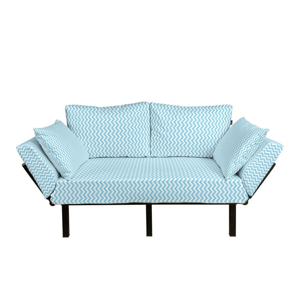 Blue and White Futon Couch, Horizontal Zigzag Chevron Pattern Retro Style Striped Tile Design, Daybed with Metal Frame Upholstered Sofa for Living Dorm, Loveseat, Sky Blue and White, by Ambesonne