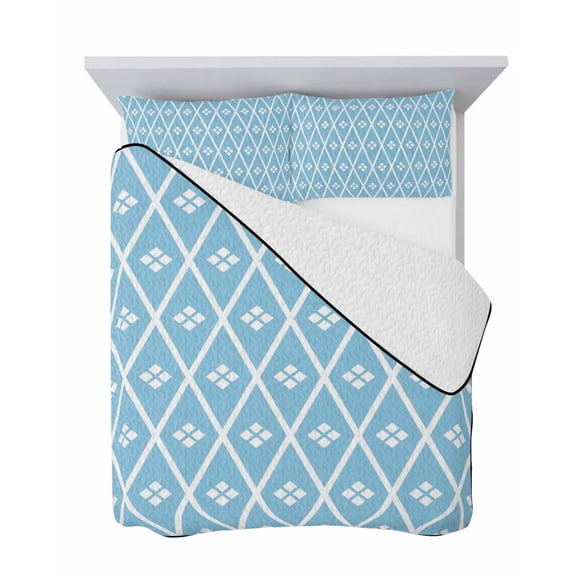 Blue and White Geometric 3 Piece Quilt Set Full Size, Minimalist Argyle Checkered Modern Soft Bedspread Coverlet Bedding Set Microfiber Lightweight Comforter Set with 2 Pillowcases for Bedroom