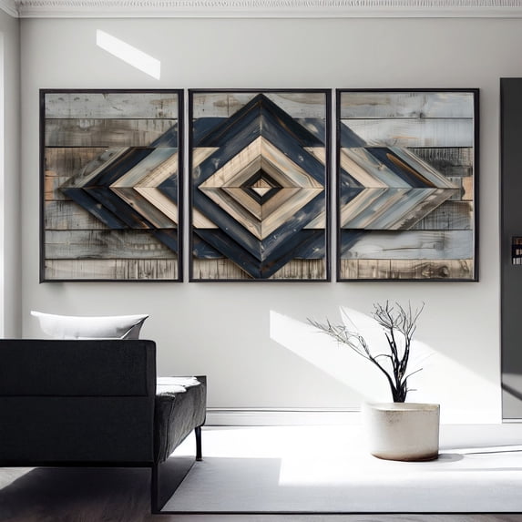 Blue White Geometric Abstract Wall Art Set 3 Unframed Paper Print 12x18 ...