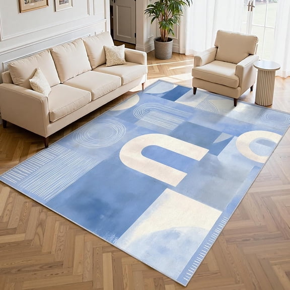 Blue White Geometric Area Rug, Mid Century Abstract Pattern Carpet, Washable Non Slip Low Pile Soft Thin, Living Room Bedroom Home Decor Mat 2x3ft